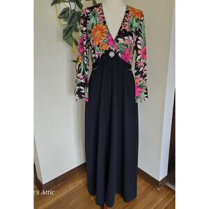 70s Mod Black Rainbow Floral Long Sleeve V Neck Polyester Vintage Maxi Dress 18*